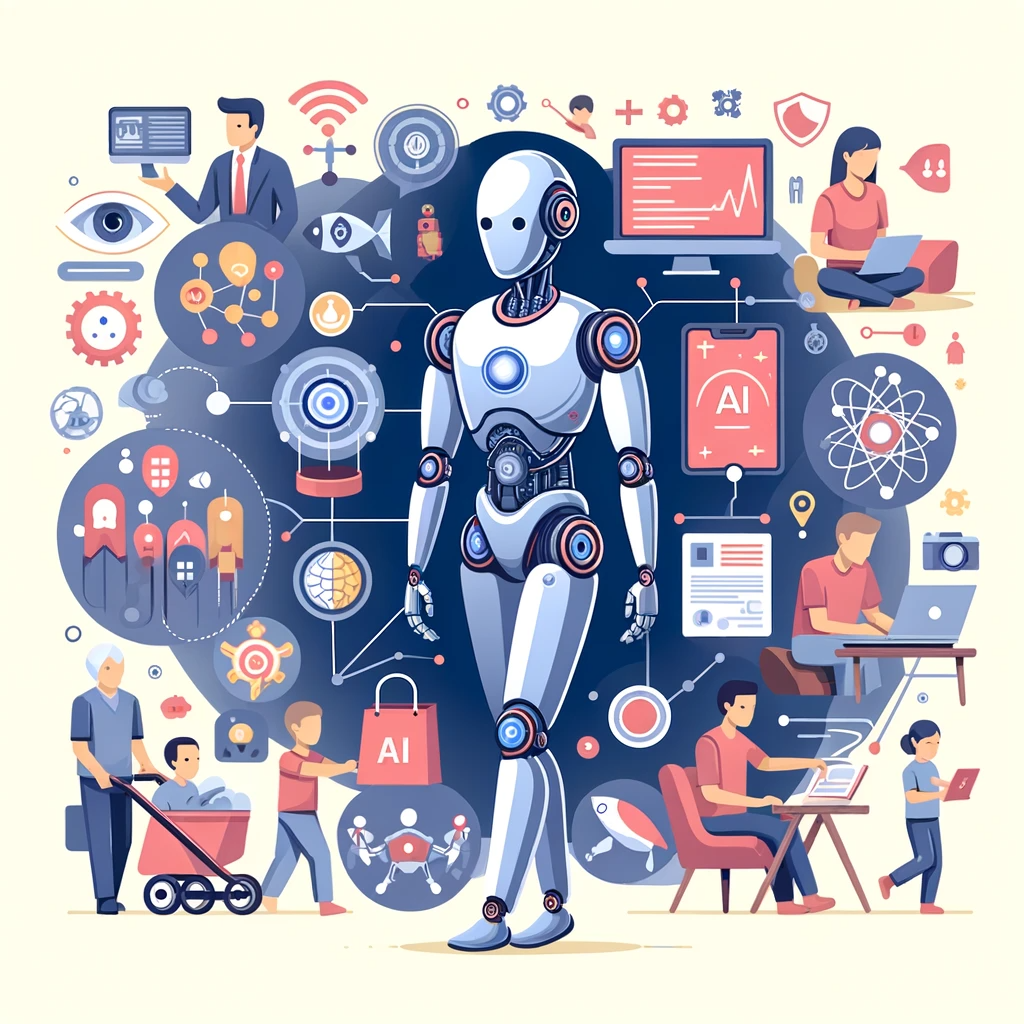 DALL·E 2023-12-24 19.14.55 - Illustration depicting the concept of AGI, showing a humanoid robot or AI entity engaged in various human-like activities, symbolizing its general int.png