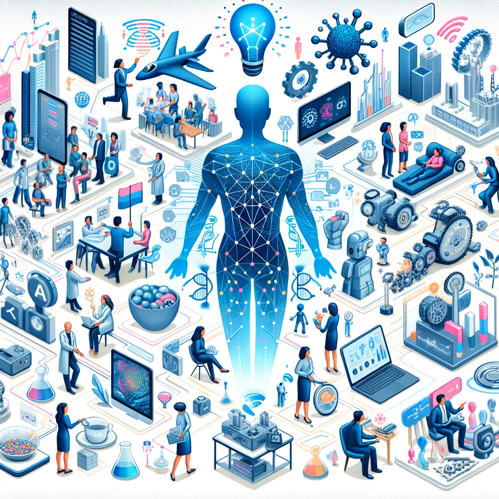 DALL·E 2023-12-24 19.14.58 - Illustration highlighting the potential applications of AGI in various fields such as healthcare, education, business, and creative industries, depict.png