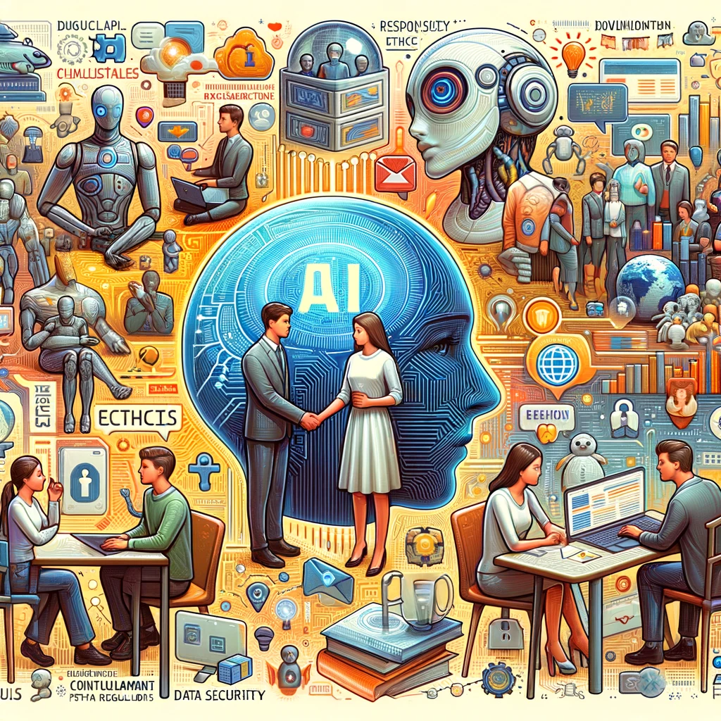 DALL·E 2023-12-24 19.14.59 - Image depicting the challenges and ethical considerations of AGI, including scenes of AI and human interaction, data security, and discussions on AI e.png